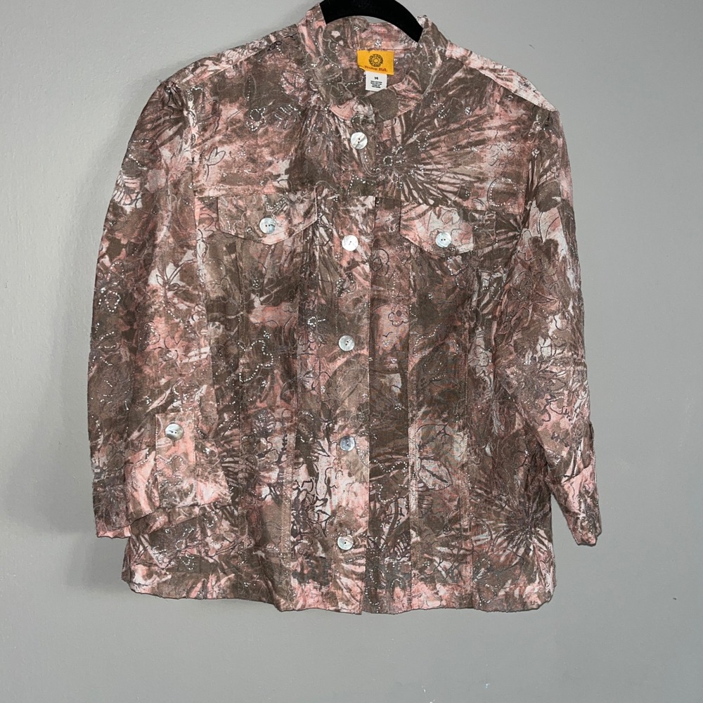 Ruby Rd Womens Shirt Jacket Size 14 Pink Sheer Floral‎ Print Boho Embellished